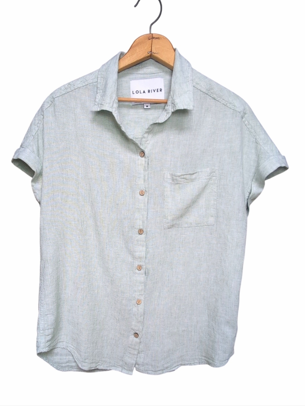 Lola River Linen Camp Shirt Mint Green Collared Button Up Roll Tab Sleeve MEDIUM